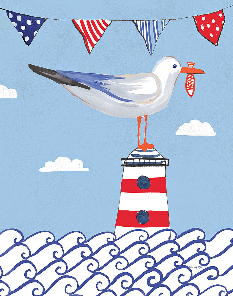 Reproduction of Coastal Bird I Flags on Blue by Farida Zaman - Wall Decor Art