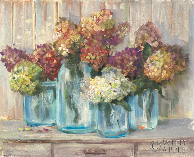 Reproduction of Hydrangeas in Glass Jars by Carol Rowan - Wall Decor Art