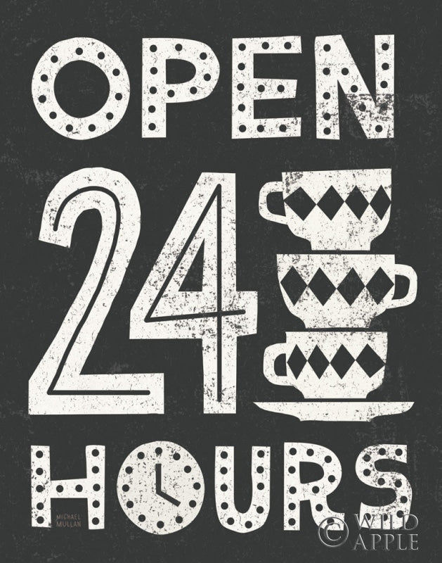 Reproduction of Retro Diner Black Open 24 Hours by Michael Mullan - Wall Decor Art