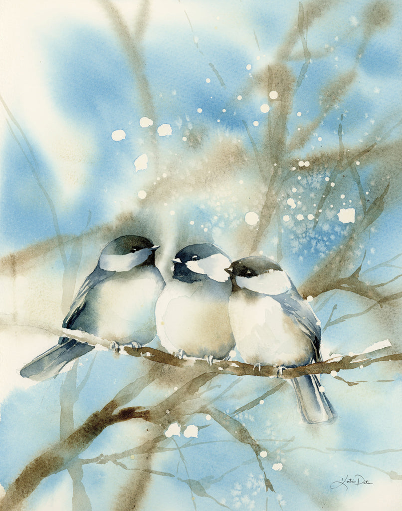 Reproduction of Three Chickadees by Katrina Pete - Wall Decor Art
