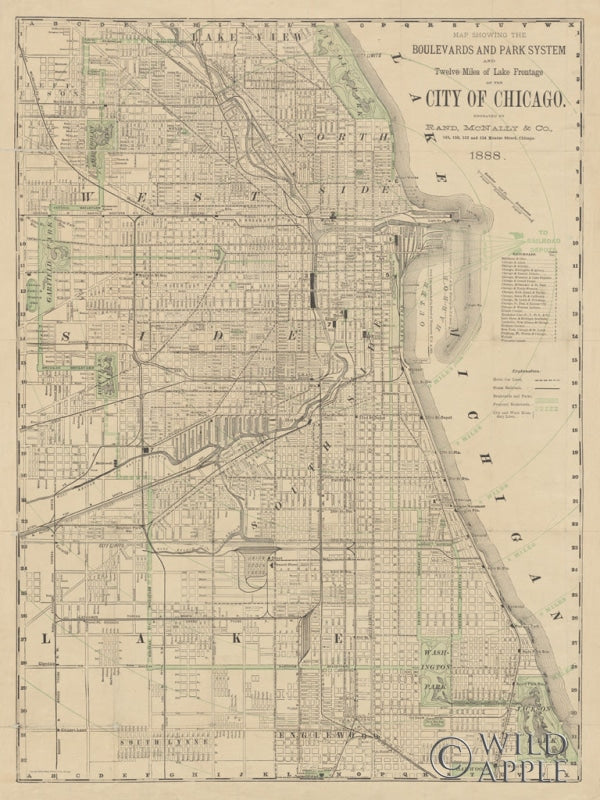 Reproduction of City of Chicago Map 1888 by Wild Apple Portfolio - Wall Decor Art