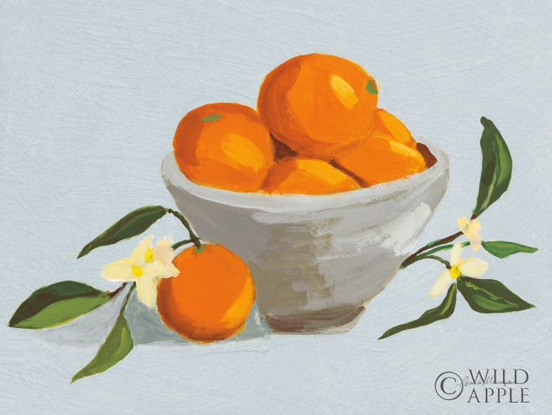 Reproduction of Oranges in a Grey Bowl Blue Texture by Pamela Munger - Wall Decor Art