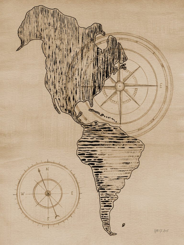 Reproduction of Sepia Map of Americas by Yvette St. Amant - Wall Decor Art