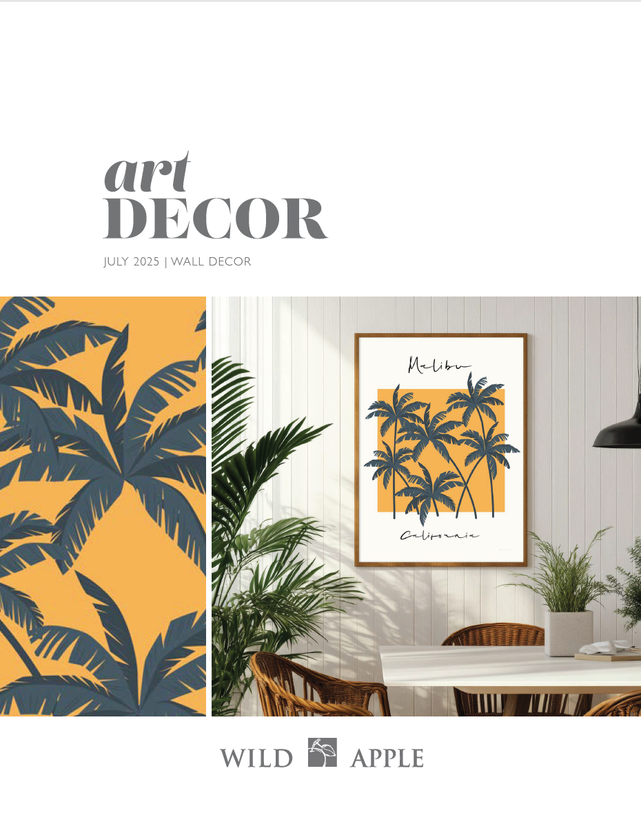 Cover of Wild Apple’s July 2025 Wall Decor Lookbook featuring palm tree artwork titled California in bold orange and navy tones. Stylish interior mockup with natural wicker furniture.