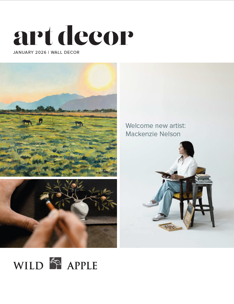 January 2026 wall decor collection featuring landscape and painterly artwork in a light, modern interior