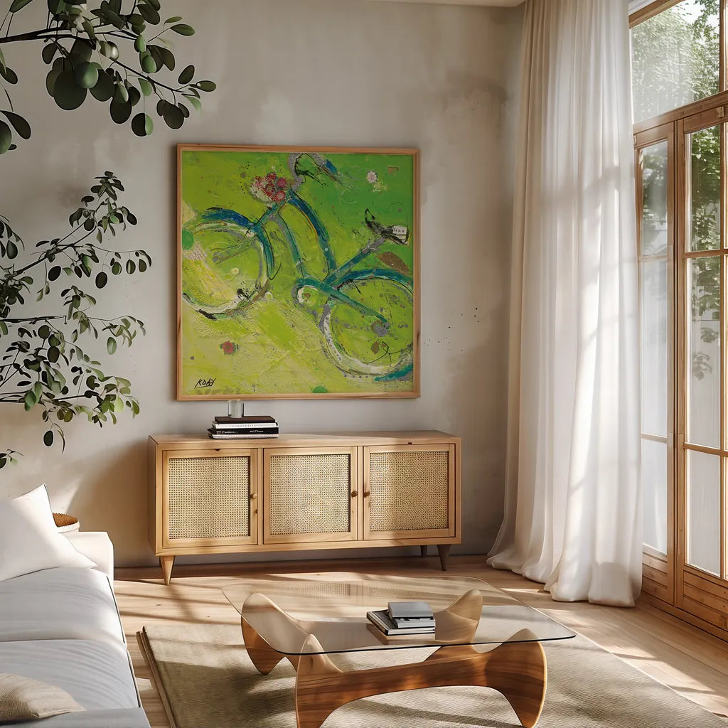 Yes by Kellie Day. Shown in a natural wood frame in a cozy modern living room. Available as an archival giclee rolled canvas, fine art paper, or poster print. SKU 18036a.