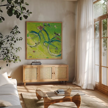 Yes by Kellie Day. Shown in a natural wood frame in a cozy modern living room. Available as an archival giclee rolled canvas, fine art paper, or poster print. SKU 18036a.