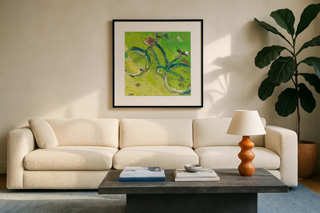 Yes by Kellie Day. Displayed in a glass frame with matte in a clean modern living room. Available as an archival giclee rolled canvas, fine art paper, or poster print. SKU 18036a.