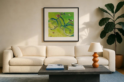 Yes by Kellie Day. Displayed in a glass frame with matte in a clean modern living room. Available as an archival giclee rolled canvas, fine art paper, or poster print. SKU 18036a.