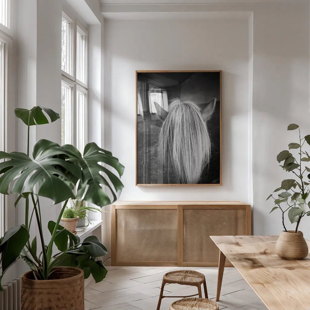 Beauty by Aledanda. shown as a print in a natural wood frame in a dining room. Available as a archival giclee rolled canvas, fine art paper, or poster print. SKU 38294h.