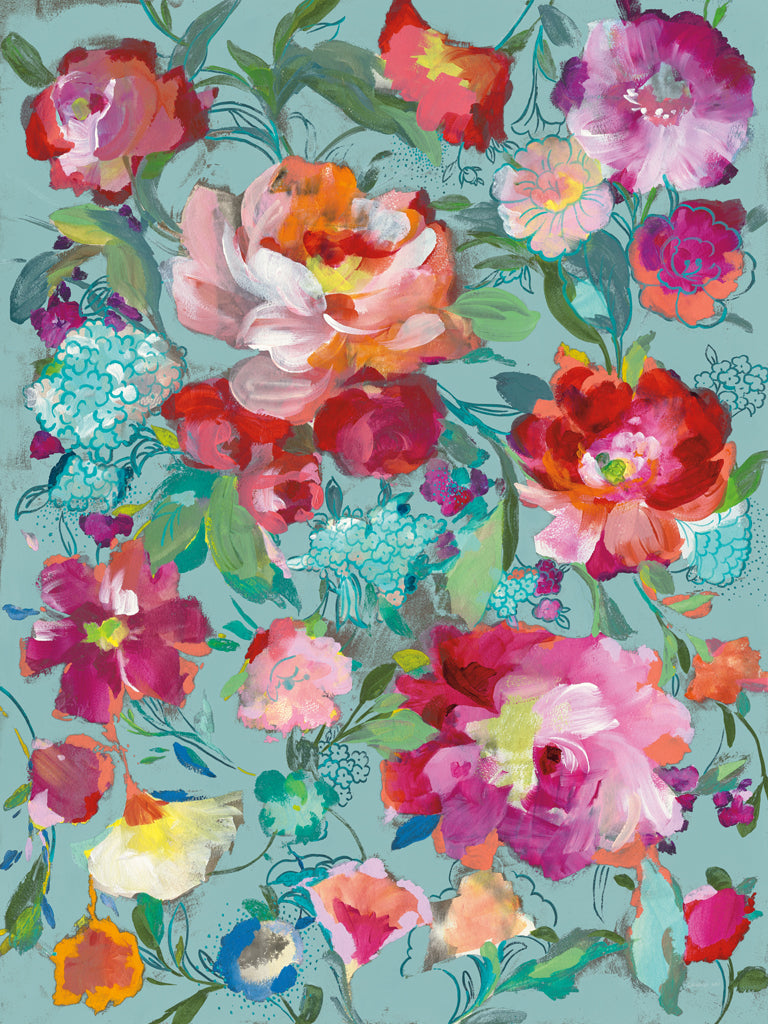 Reproduction of Bright Floral Medley Turquoise by Danhui Nai - Wall Decor Art