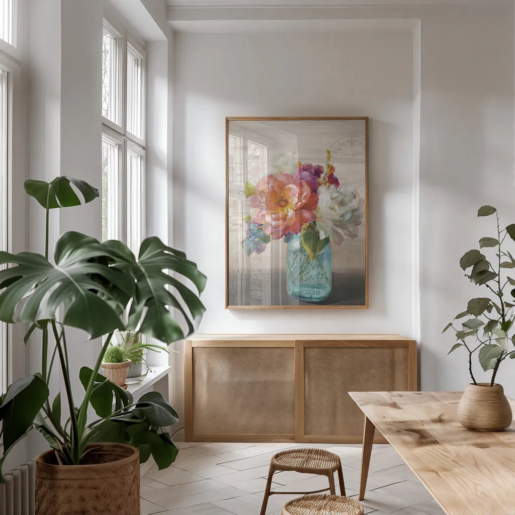 c by Danhui Nai. shown as a print in a natural wood frame in a dining room. Available as a archival giclee rolled canvas, fine art paper, or poster print. SKU 17850h.