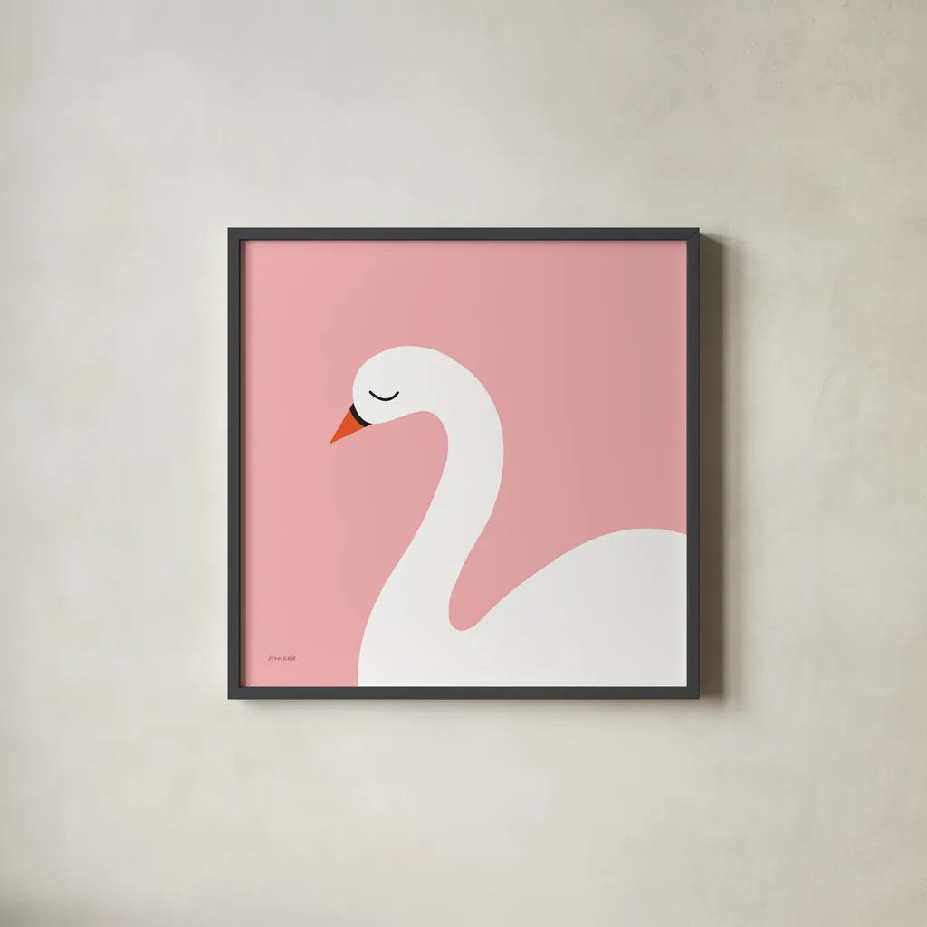 Swan by Ann Kelle. Shown in a sleek black glass frame for a contemporary gallery look. Available as an archival giclee rolled canvas, fine art paper, or poster print. SKU 56456a.