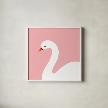 Swan by Ann Kelle. Shown in a crisp white glass frame for a clean and minimalist style. Available as an archival giclee rolled canvas, fine art paper, or poster print. SKU 56456a.