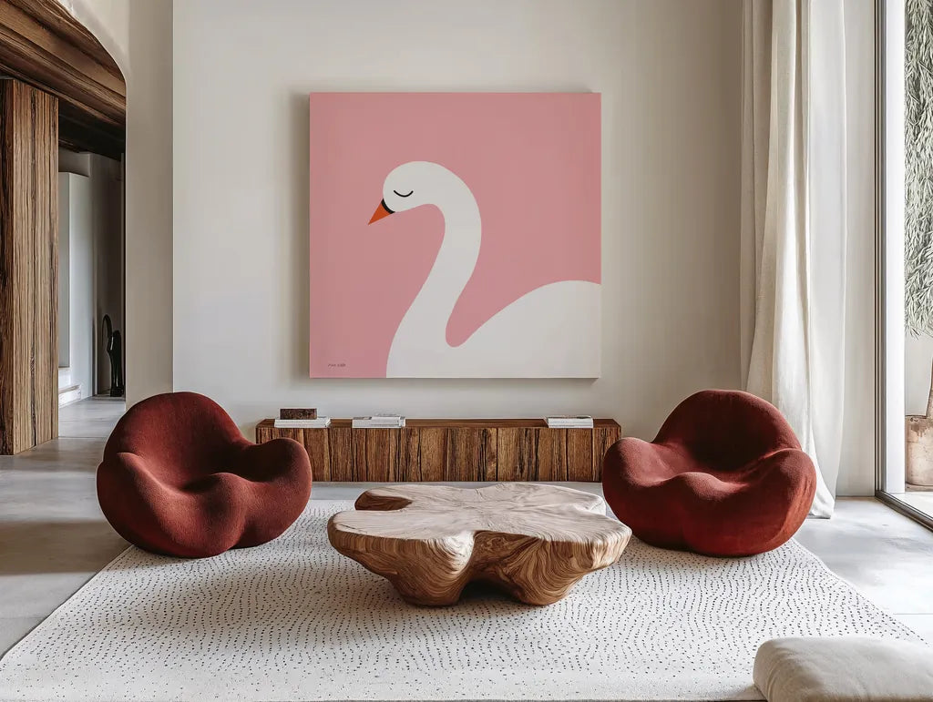 Swan by Ann Kelle. Shown as extra-large giant wall art in a modern living room. Available as an archival giclee rolled canvas, fine art paper, or poster print. SKU 56456a.
