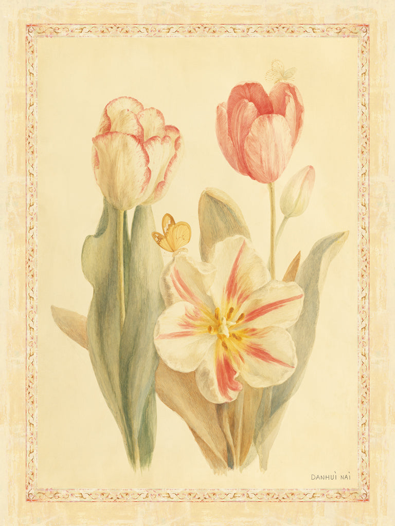 Reproduction of Tulips and Butterflies I by Danhui Nai - Wall Decor Art