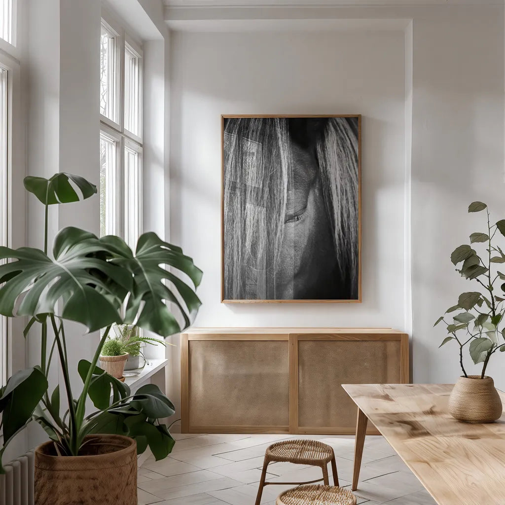 Shy by Aledanda. shown as a print in a natural wood frame in a dining room. Available as a archival giclee rolled canvas, fine art paper, or poster print. SKU 38296h.