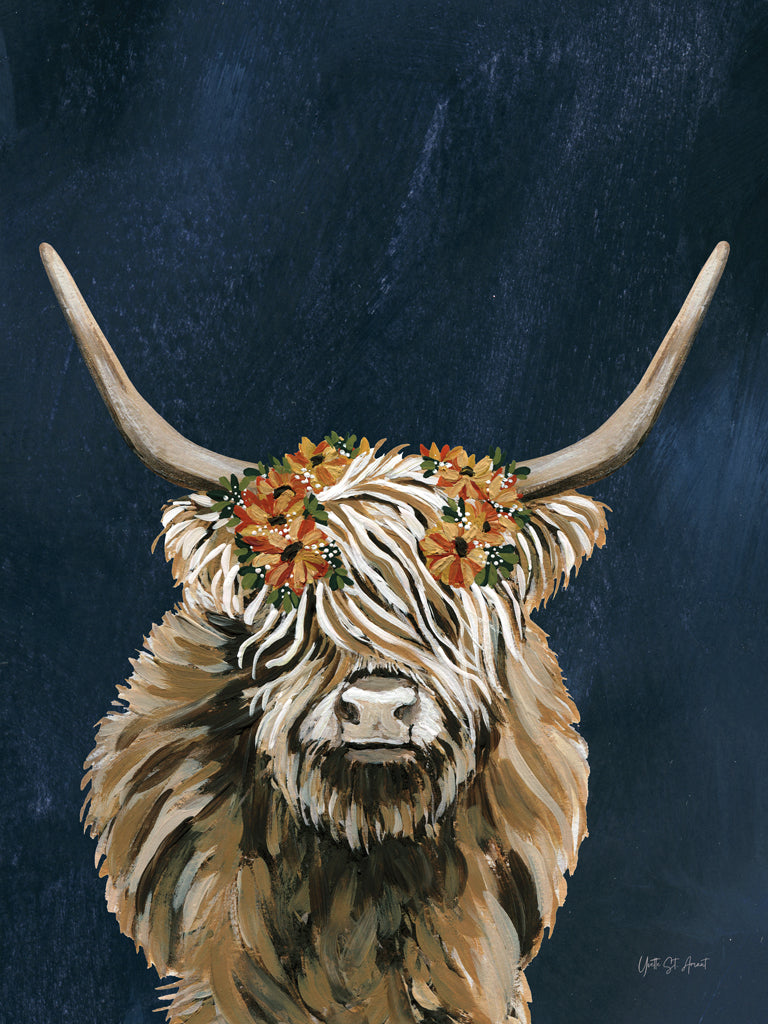 Reproduction of Harvest Cow Floral Texture Dark by Yvette St. Amant - Wall Decor Art