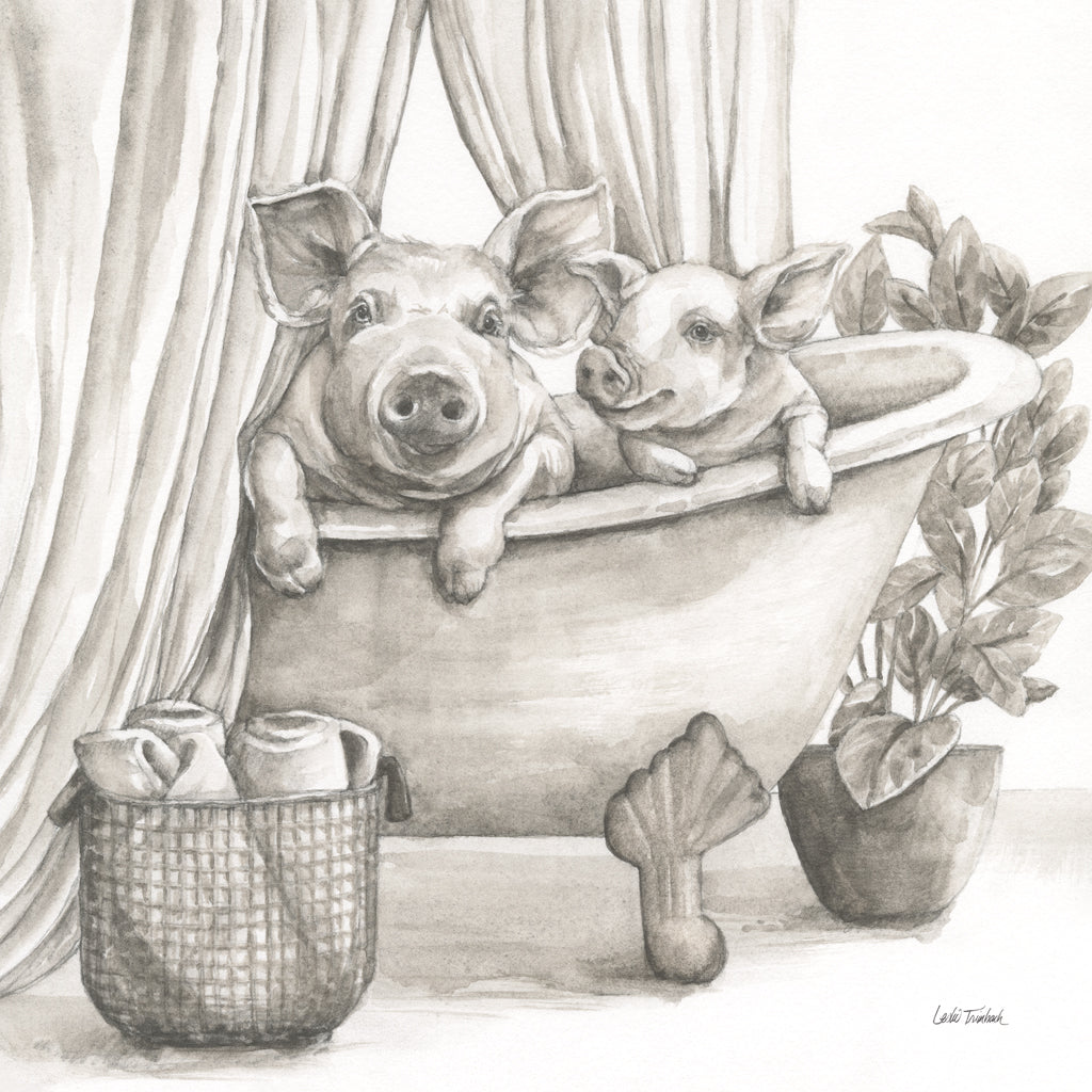 Reproduction of Pigs in a Tub Sepia by Leslie Trimbach - Wall Decor Art