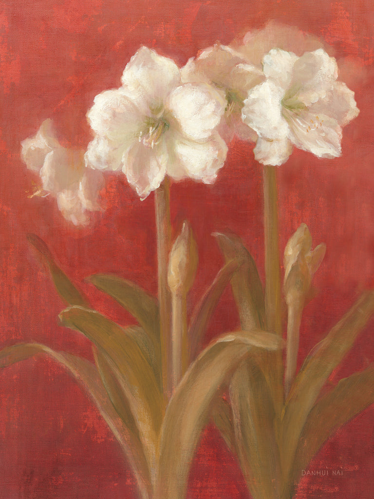 Reproduction of White Amaryllis on Red II by Danhui Nai - Wall Decor Art