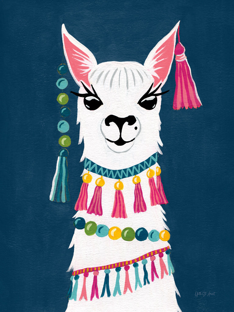 Reproduction of Festive Llama on Blue by Yvette St. Amant - Wall Decor Art