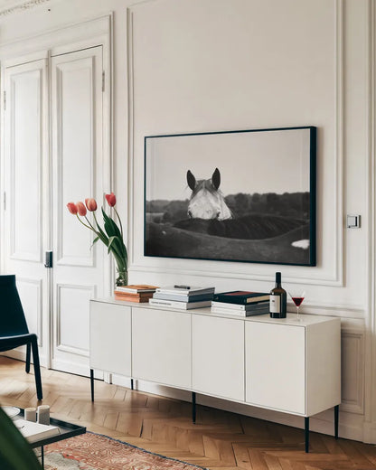 Flirt by Aledanda. shown as a framed stretched canvas in a living room above a console. Available as a archival giclee rolled canvas, fine art paper, or poster print. SKU 38301i.