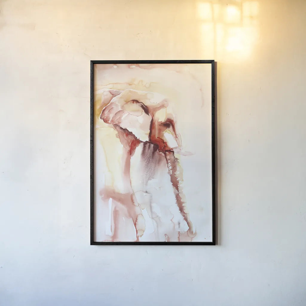 African Elephant by Aimee Del Valle. shown as a paper print in a black flame. Available as a archival giclee rolled canvas, fine art paper, or poster print. SKU 45775h.