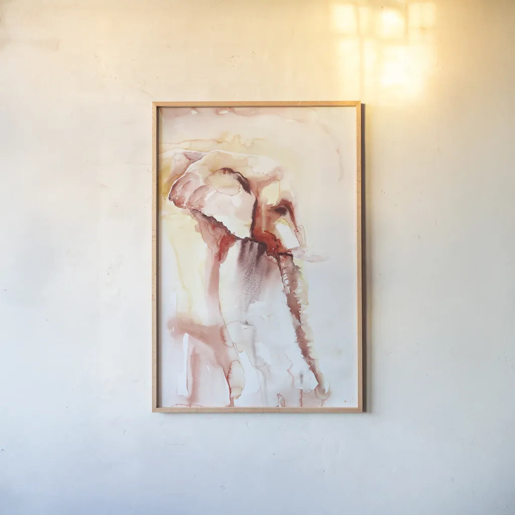 African Elephant by Aimee Del Valle. shown as a paper print in a natural frame. Available as a archival giclee rolled canvas, fine art paper, or poster print. SKU 45775h.