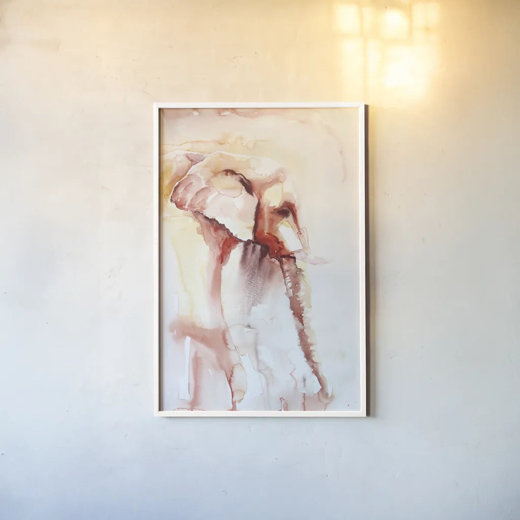 African Elephant by Aimee Del Valle. shown as a paper print in a white frame. Available as a archival giclee rolled canvas, fine art paper, or poster print. SKU 45775h.