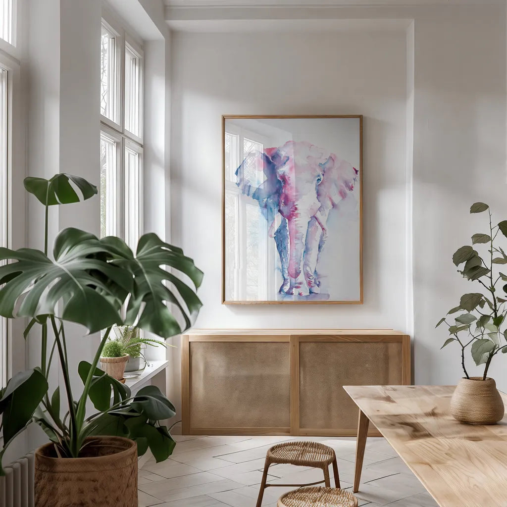 An Elephant Never Forgets by Aimee Del Valle. shown as a print in a natural wood frame in a dining room. Available as a archival giclee rolled canvas, fine art paper, or poster print. SKU 45776h.