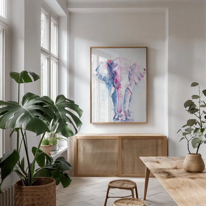 An Elephant Never Forgets by Aimee Del Valle. shown as a print in a natural wood frame in a dining room. Available as a archival giclee rolled canvas, fine art paper, or poster print. SKU 45776h.