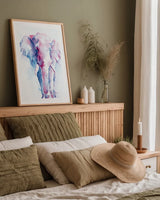 An Elephant Never Forgets by Aimee Del Valle. shown as a paper print in a natural frame. Available as a archival giclee rolled canvas, fine art paper, or poster print. SKU 45776h.