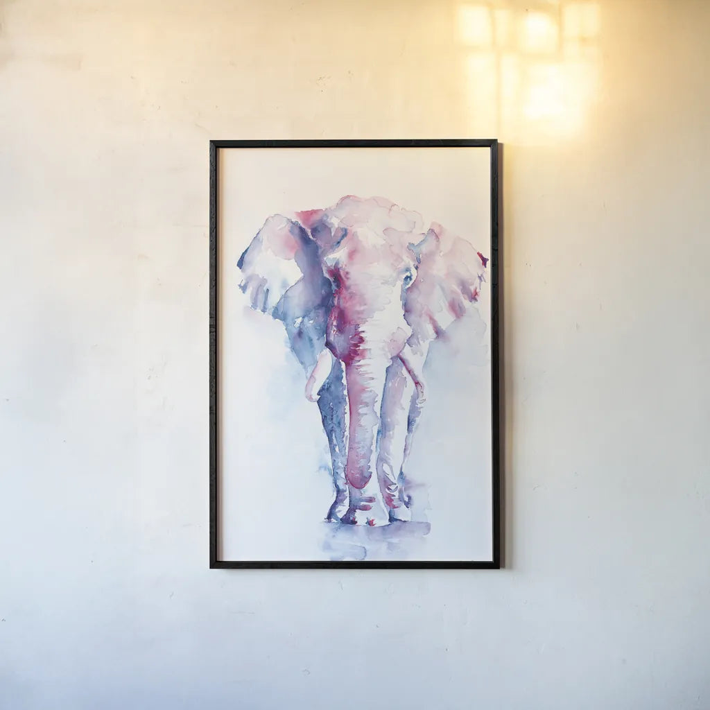 An Elephant Never Forgets by Aimee Del Valle. shown as a paper print in a black flame. Available as a archival giclee rolled canvas, fine art paper, or poster print. SKU 45776h.