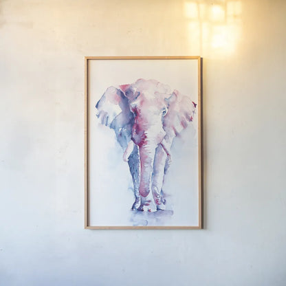 An Elephant Never Forgets by Aimee Del Valle. shown as a paper print in a natural frame. Available as a archival giclee rolled canvas, fine art paper, or poster print. SKU 45776h.