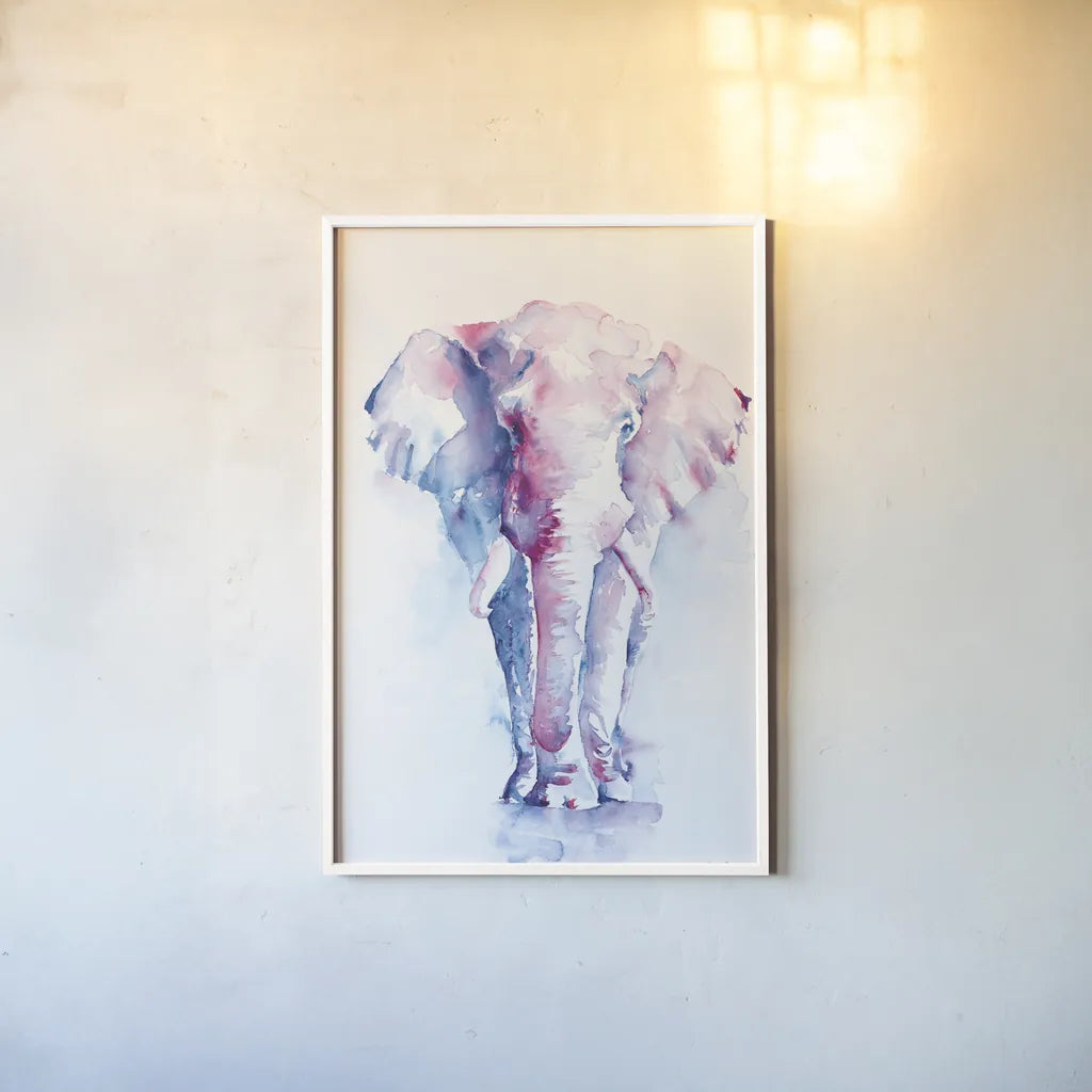 An Elephant Never Forgets by Aimee Del Valle. shown as a paper print in a white frame. Available as a archival giclee rolled canvas, fine art paper, or poster print. SKU 45776h.