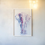 An Elephant Never Forgets by Aimee Del Valle. shown as a paper print in a white frame. Available as a archival giclee rolled canvas, fine art paper, or poster print. SKU 45776h.