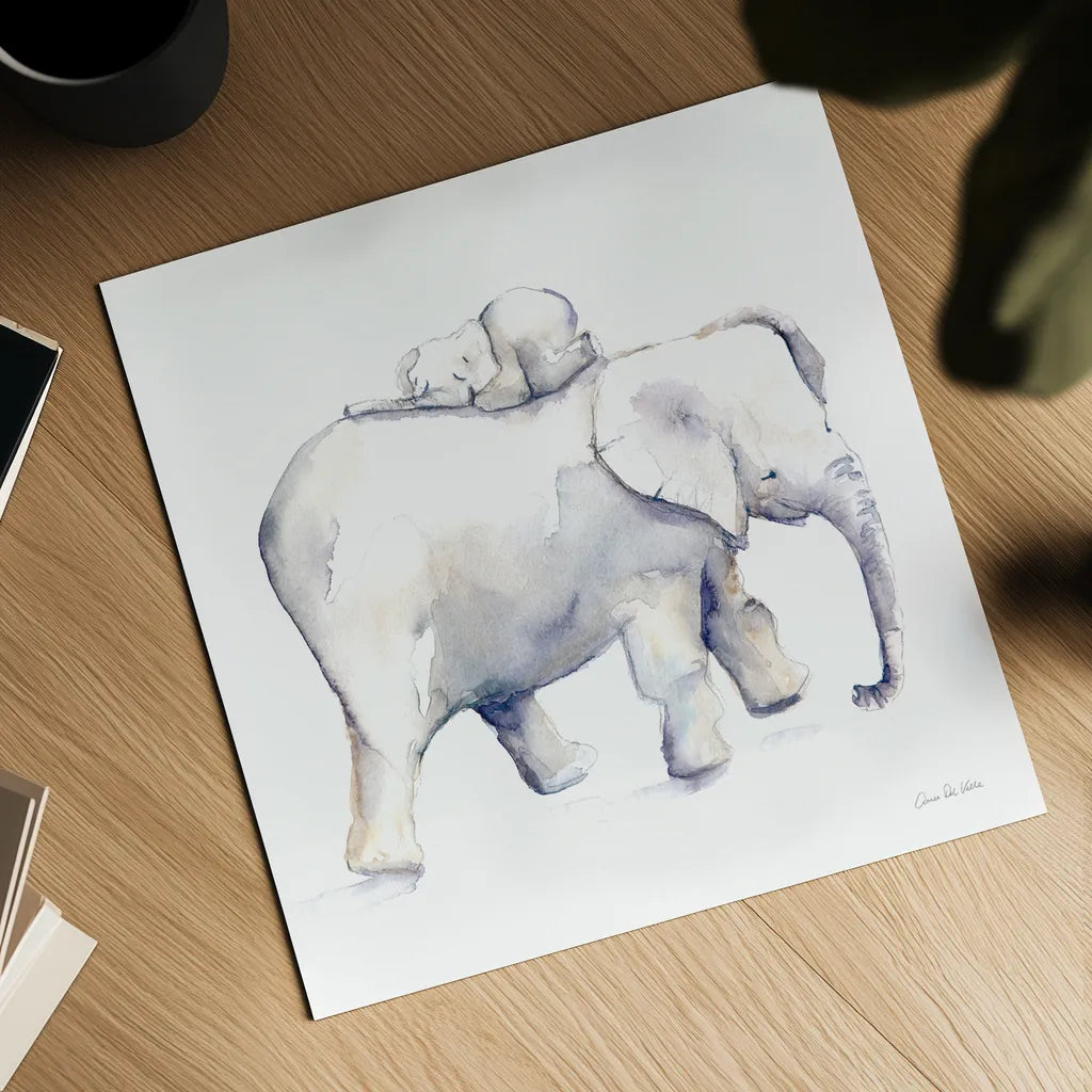 Baby Elephant Love III by Aimee Del Valle. Shown as a detailed flat fine art print, highlighting archival giclee quality. Available as an archival giclee rolled canvas, fine art paper, or poster print. SKU 70158a.