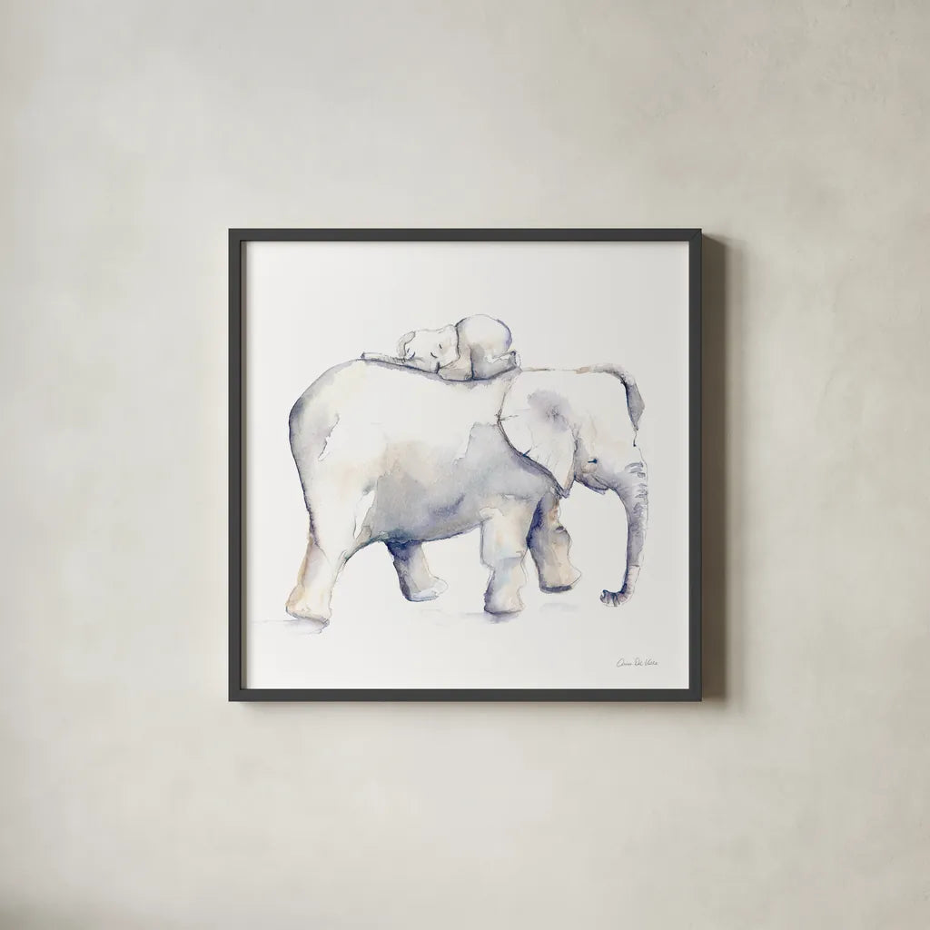 Baby Elephant Love III by Aimee Del Valle. Shown in a sleek black glass frame for a contemporary gallery look. Available as an archival giclee rolled canvas, fine art paper, or poster print. SKU 70158a.