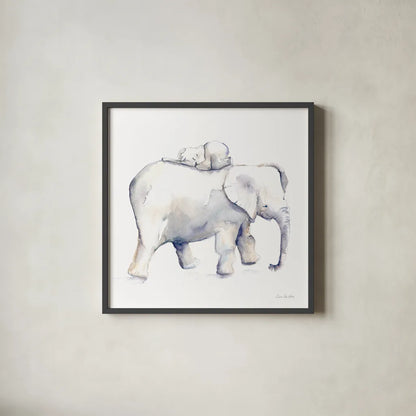 Baby Elephant Love III by Aimee Del Valle. Shown in a sleek black glass frame for a contemporary gallery look. Available as an archival giclee rolled canvas, fine art paper, or poster print. SKU 70158a.