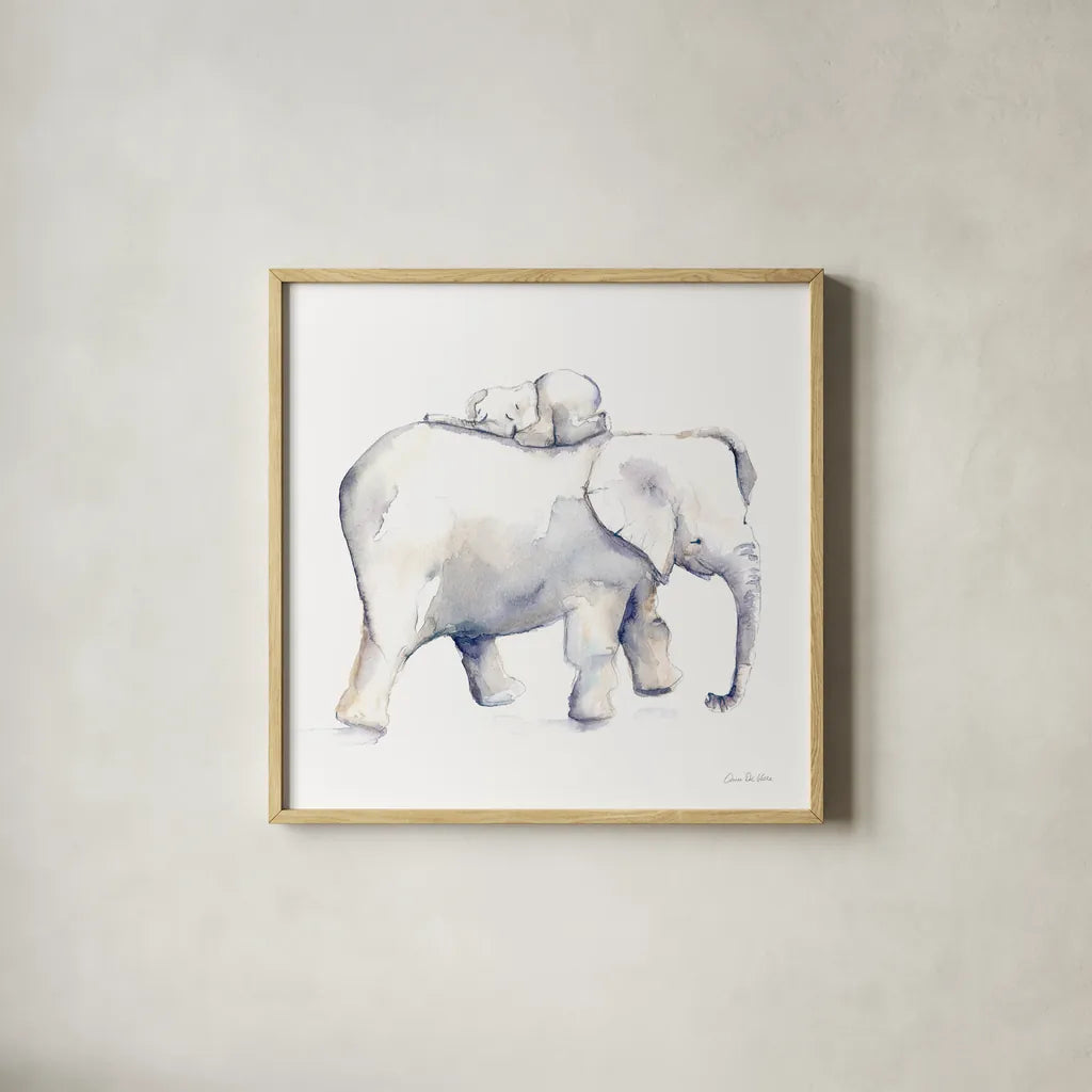Baby Elephant Love III by Aimee Del Valle. Shown in a natural wood glass frame for a timeless modern aesthetic. Available as an archival giclee rolled canvas, fine art paper, or poster print. SKU 70158a.