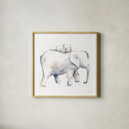 Baby Elephant Love III by Aimee Del Valle. Shown in a natural wood glass frame for a timeless modern aesthetic. Available as an archival giclee rolled canvas, fine art paper, or poster print. SKU 70158a.