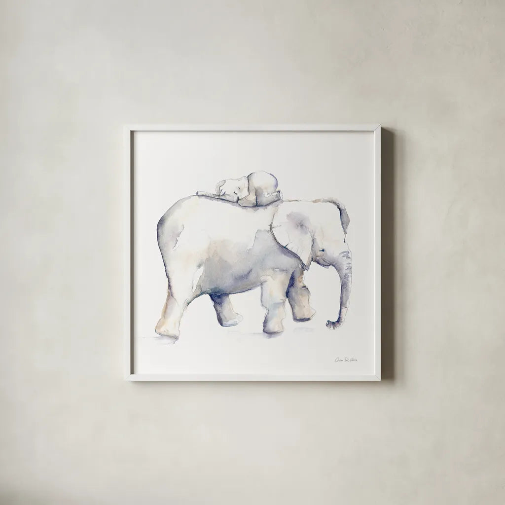 Baby Elephant Love III by Aimee Del Valle. Shown in a crisp white glass frame for a clean and minimalist style. Available as an archival giclee rolled canvas, fine art paper, or poster print. SKU 70158a.