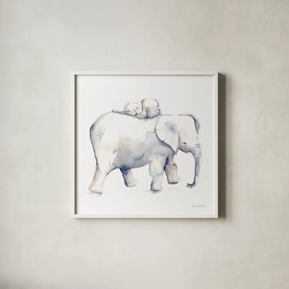 Baby Elephant Love III by Aimee Del Valle. Shown in a crisp white glass frame for a clean and minimalist style. Available as an archival giclee rolled canvas, fine art paper, or poster print. SKU 70158a.