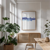Blue Horizon I by Aimee Del Valle. shown as a print in a natural wood frame in a dining room. Available as a archival giclee rolled canvas, fine art paper, or poster print. SKU 68321h.