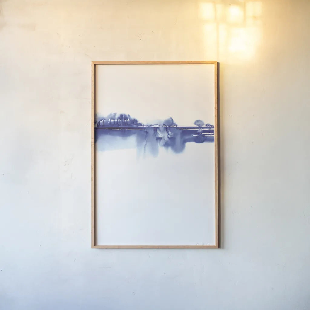 Blue Horizon I by Aimee Del Valle. shown as a paper print in a natural frame. Available as a archival giclee rolled canvas, fine art paper, or poster print. SKU 68321h.