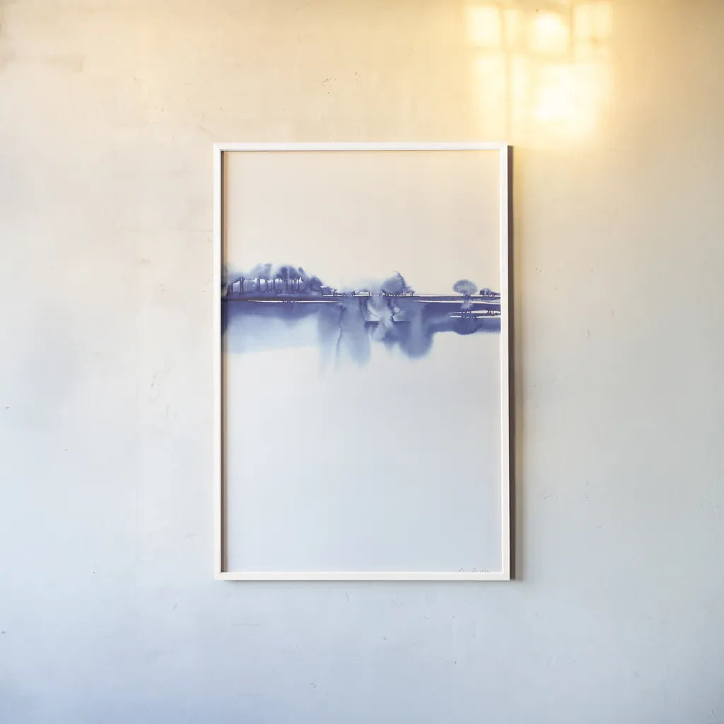 Blue Horizon I by Aimee Del Valle. shown as a paper print in a white frame. Available as a archival giclee rolled canvas, fine art paper, or poster print. SKU 68321h.
