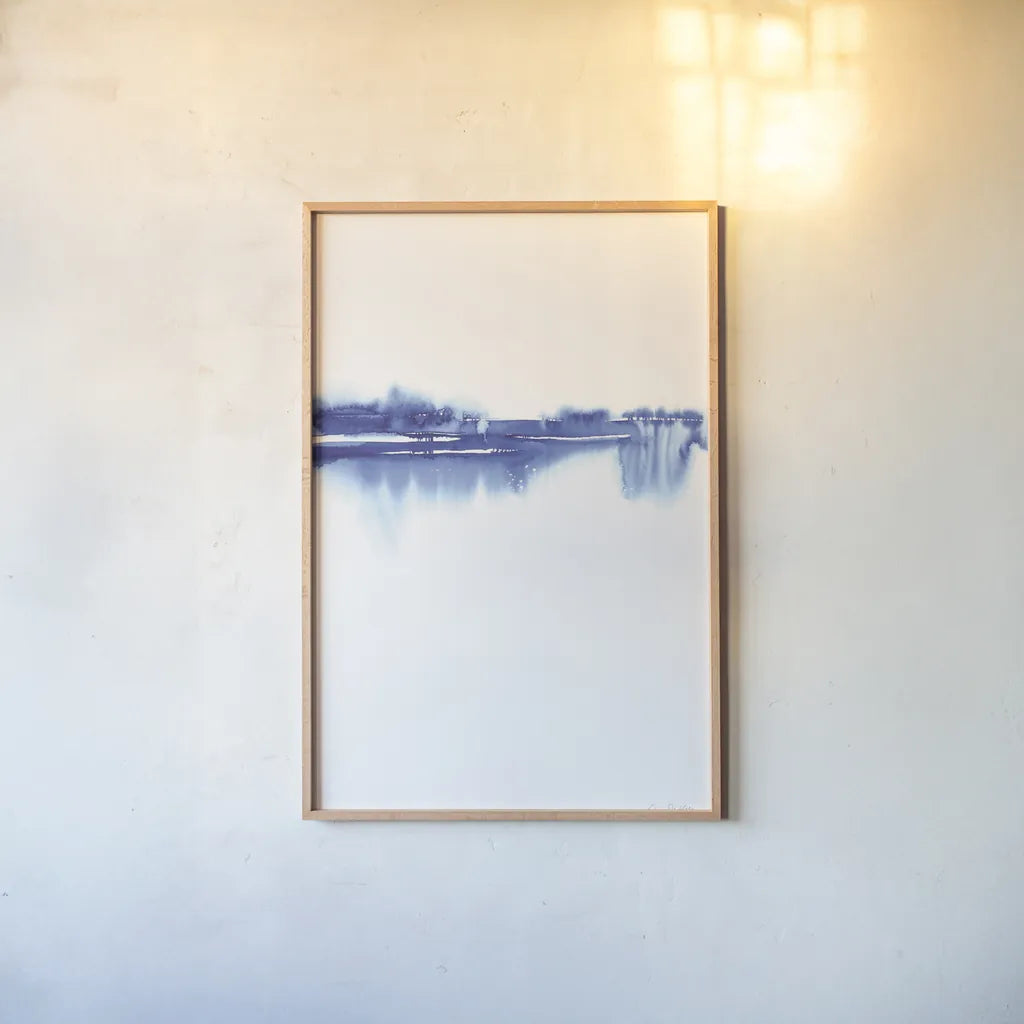 Blue Horizon II by Aimee Del Valle. shown as a paper print in a natural frame. Available as a archival giclee rolled canvas, fine art paper, or poster print. SKU 68322h.
