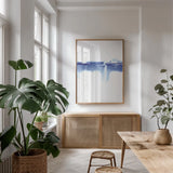 Blue Horizon III by Aimee Del Valle. shown as a print in a natural wood frame in a dining room. Available as a archival giclee rolled canvas, fine art paper, or poster print. SKU 68323h.
