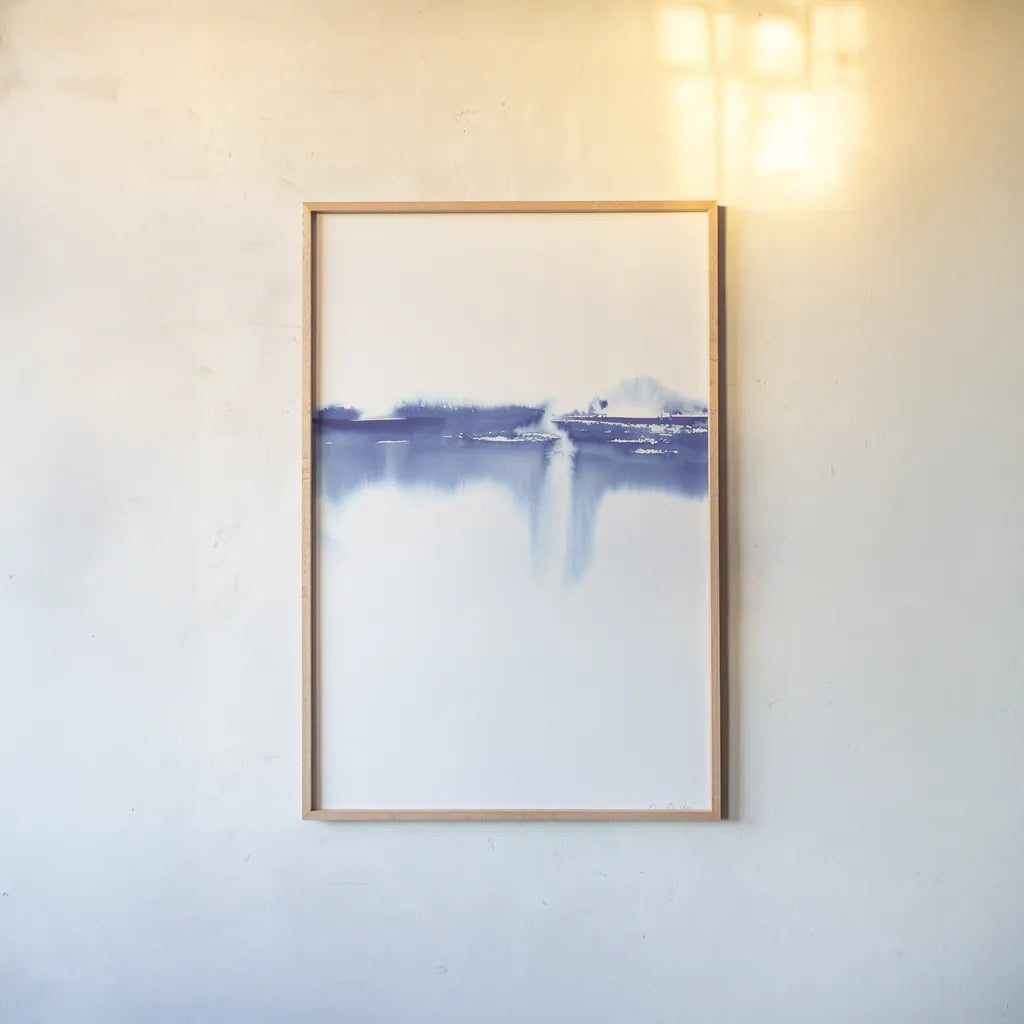 Blue Horizon III by Aimee Del Valle. shown as a paper print in a natural frame. Available as a archival giclee rolled canvas, fine art paper, or poster print. SKU 68323h.