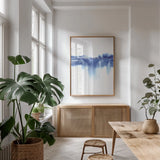 Blue Horizon IV by Aimee Del Valle. shown as a print in a natural wood frame in a dining room. Available as a archival giclee rolled canvas, fine art paper, or poster print. SKU 68324h.